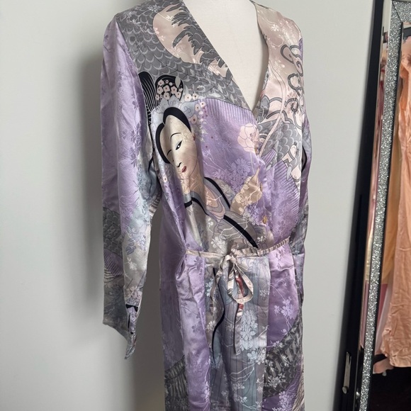 Vintage 100% Silk Kimono Robe Duster w Print japanese dragon geisha XL lavender - Picture 5 of 15